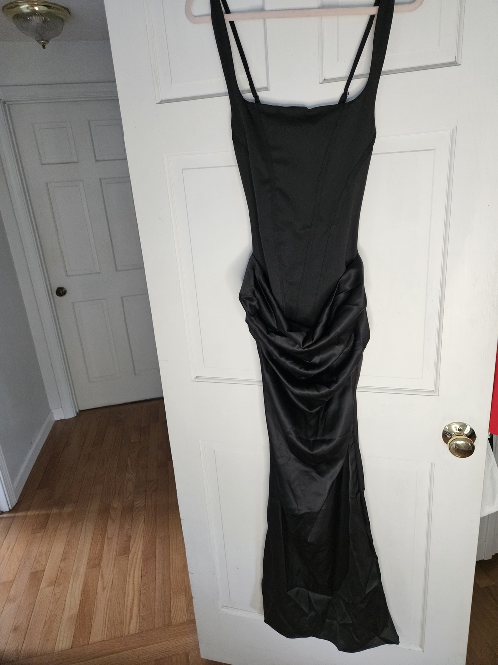 Black Satin Maxi Evening Dress with Draped Skirt